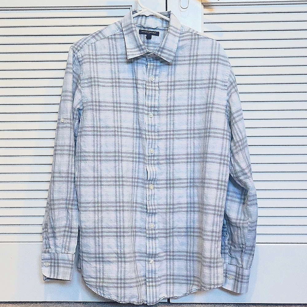 Mens L Banana Republic Linen Cotton ButtonDown - Light blue, light gray, white